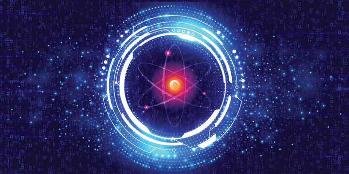 Futuristic glowing atom HUD interface with blue digital binary data background, abstract science technology, quantum energy concept