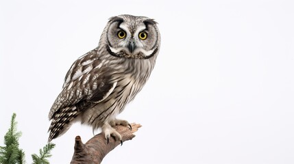 Obraz premium A vigilant, mottled brown owl perched on a bare branch against a clean white backdrop with a touch of pine foliage