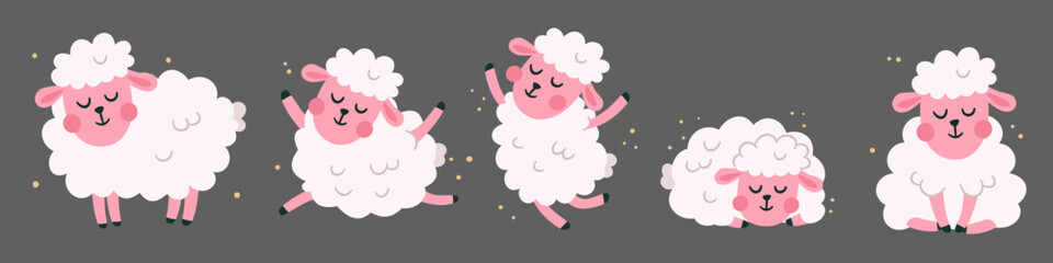 Naklejka premium A set of vector illustrations in a cute children's style. Cute sheep in different poses, running, jumping, and sleeping. . Vector illustration