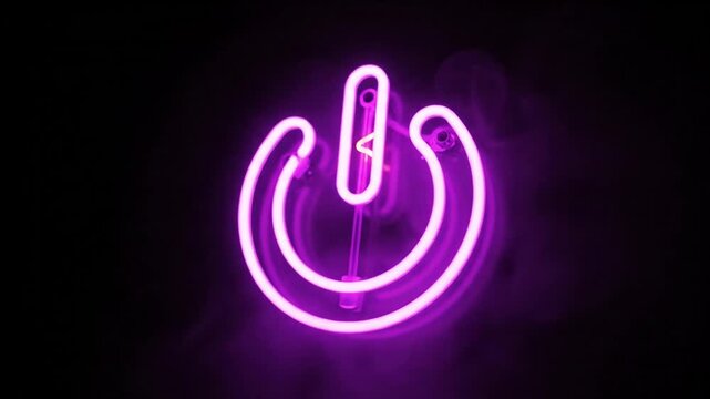 Vibrant Purple Neon Power Button Symbol Glowing Against a Dark Background with Atmospheric Haze, Representing Digital Activation, Futuristic Technology, and Electric Energy