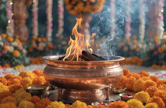 Close-up of Sacred Havan Kund with Marigold Flowers for Indian Wedding Ceremony