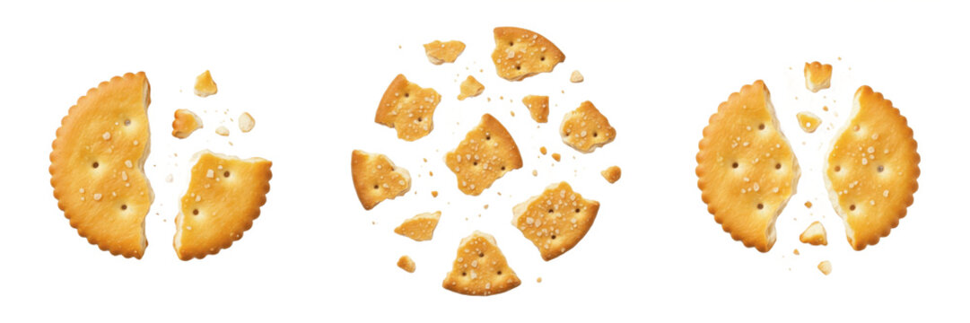 Collection of broken round salty crackers isolated on white background