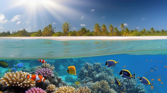 Tropical Island Split Level Ocean Scene With Coral Reef And Fish
