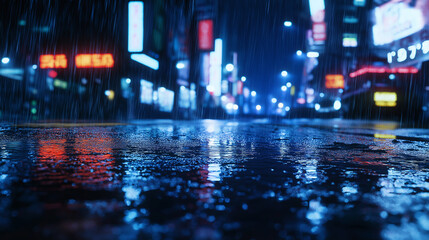 Obraz premium Wet neon city street at night with colorful reflections