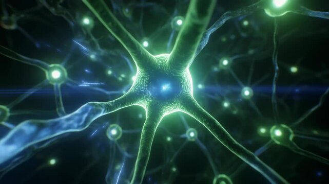 Futuristic journey through a glowing green and blue neural network.