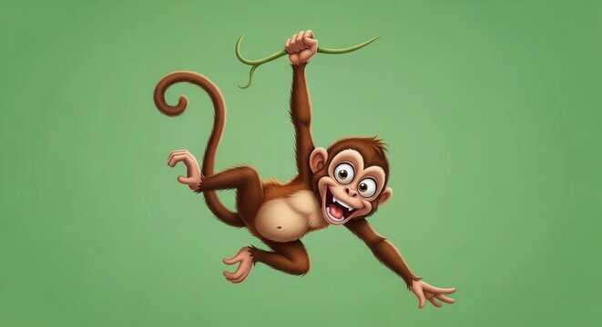 Cartoon Monkey Character in Exciting Mid-Air Leap Against Bright Green Background