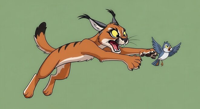 Dynamic Illustration of a Fierce Jungle Cat Attacking a Small Bird