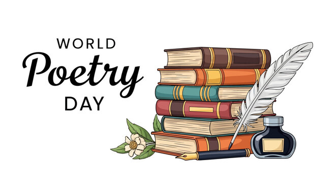 Illustration of a stack of books with a quill pen and inkwell celebrating World Poetry Day with a poetic literature concept against a clean background.