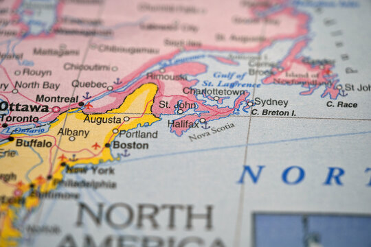 Halifax Nova Scotia on World Map with Defocused Geography Background