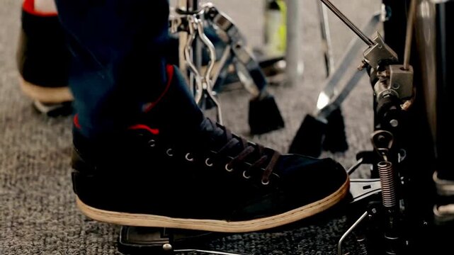 Close up of kick drum hitting drum head. professional recording studio Drummer's foot in shoe moving drum bass pedal lifestyle and hobby concept background
