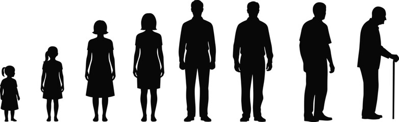 Silhouettes Of People Showing Different Ages From Child To Elderly Man With Cane group progression