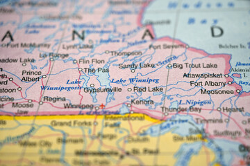 Naklejka premium Lake Winnipeg Manitoba Canada on World Map with Defocused Background Geography Concept