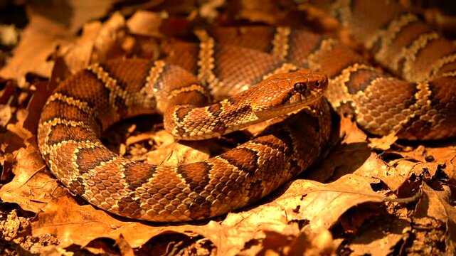 Copperhead snake coiled on leaves.