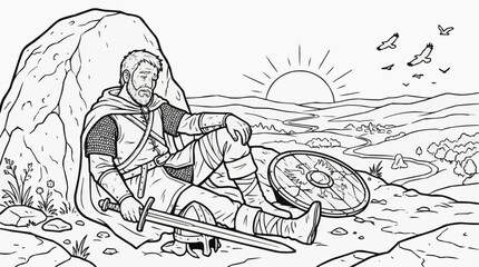Coloring page for children - a wounded warrior is leaning against a boulder in a peaceful sunset landscape