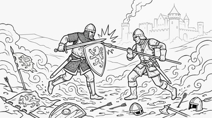 Obraz premium Coloring page for children - two warriors fighting fiercely on a foggy battlefield with swords and shields