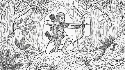 Obraz premium Coloring page for children - an elf archer is sitting on a moss-covered rock in an ancient forest