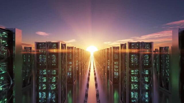 Futuristic technology market sunrise over digital server farm corridor, hopeful view of global advanced computer information economy