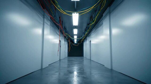 Dark server room with cables and lights.