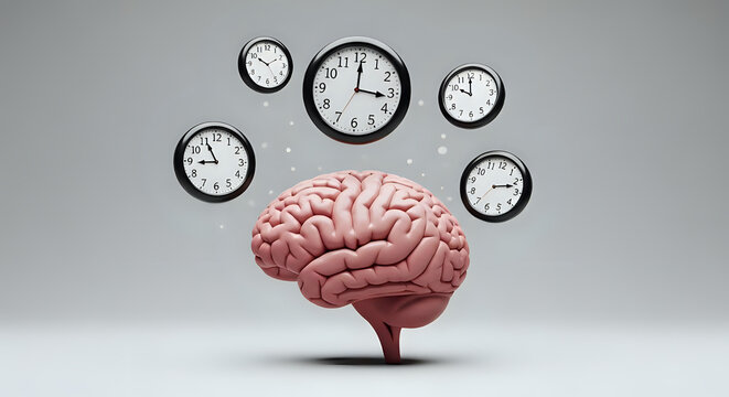 Brain surrounded by clocks, symbolizing time management