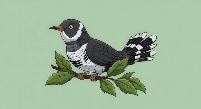 Stylish Animatronic Bird Sitting on Leaf Branch in Nature Illustration