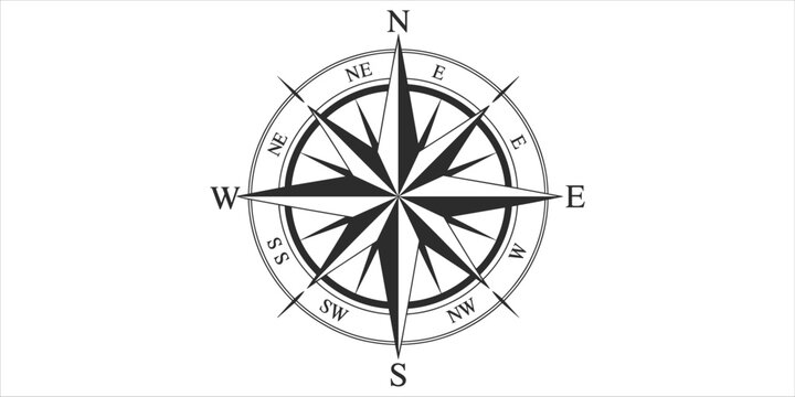 Black and White Compass Rose with Cardinal and Intercardinal Directions wind navigation