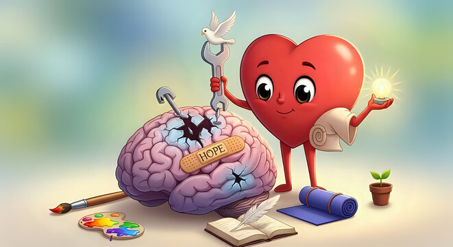 Heart character repairing brain with tools and hope with mental health