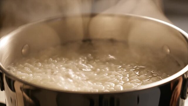 Steaming pot of boiling rice on a stovetop in a kitchen environment