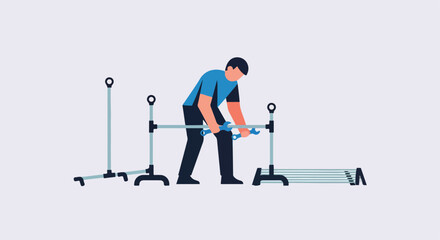 Fototapeta premium A person with a wrench assembles a metal structure with a pipe framework
