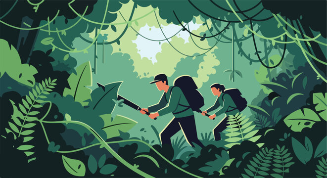 Two explorers trek through dense, vibrant jungle foliage with backpacks
