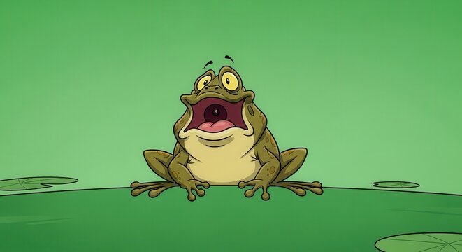 Animated Frog Character with Wide Open Mouth on a Green Background