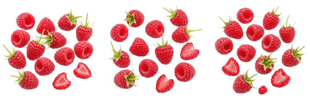 Set of fresh red raspberries and sliced berry halves, ripe organic raspberry collection isolated on white background, 3D illustration.