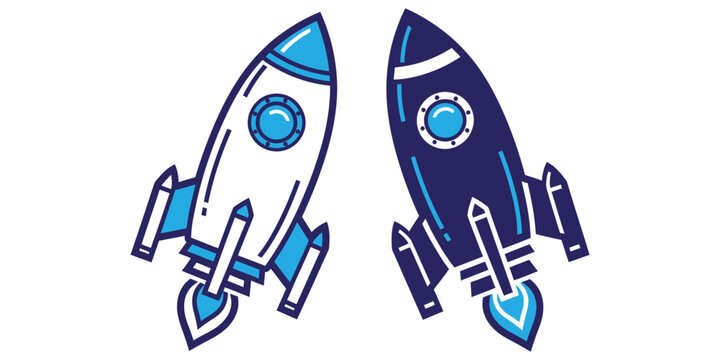 Two cartoon rockets flying side by side in blue and white colors, vector art and whit background