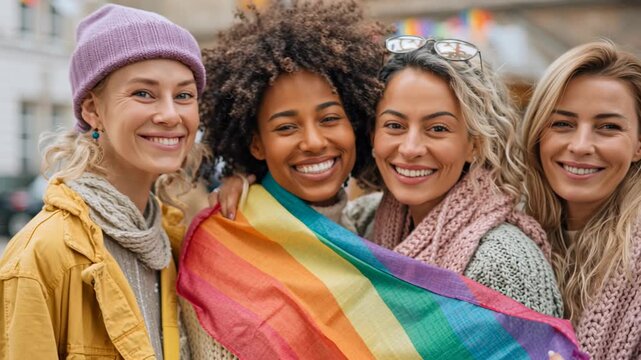 Diverse Group of Friends Celebrating LGBTQ Pride Month Holding Rainbow Flag Symbolizing Unity Inclusion Friendship and Equality