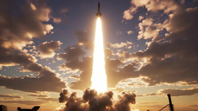Cinematic long-range missile launch from a military base at sunrise, with dramatic clouds and bright light