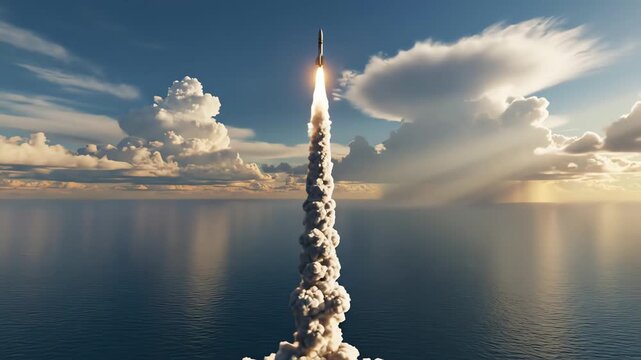 A powerful missile launch ascends into the atmospheric expanse, a spectacular display of advanced propulsion technology rising above the ocean horizon towards the cloudy sky