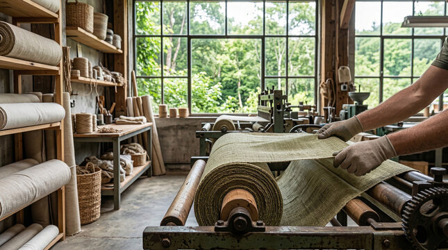 Industrial Loom in a Sunny Textile Workshop Producing Natural Linen Fabric