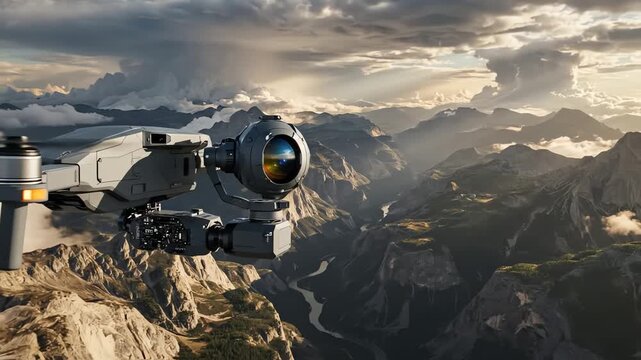 Advanced reconnaissance military drone equipped with high-resolution camera captures breathtaking aerial views of rugged mountainous terrain during a scouting mission