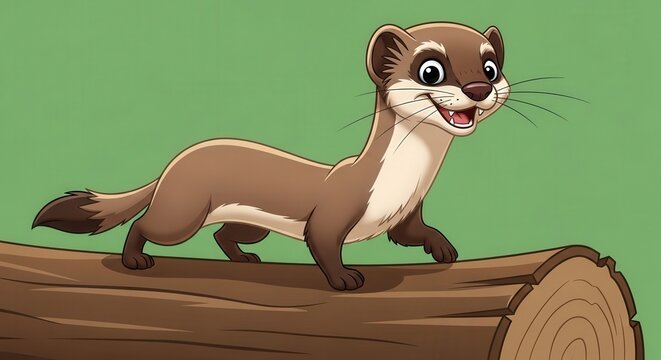 Cute Cartoon Ferret Walking on a Tree Log in a Playful Scene