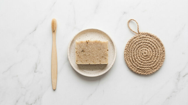 Eco-Friendly Bathroom Essentials with Bamboo Toothbrush, Natural Soap, and Jute Scrubber