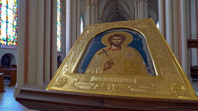 A golden icon of Christ Pantocrator in a carved riza on church altar &mdash; solemn presence of holiness and Easter glorificatio
