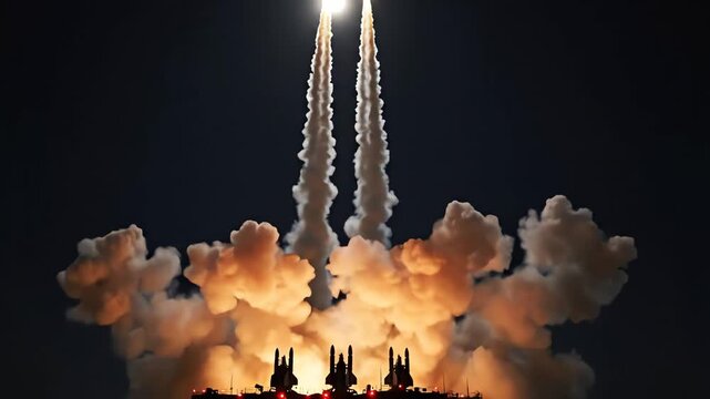 Multiple interceptor missiles launching simultaneously from a defense platform against a dark sky, creating dramatic plumes of smoke and fire