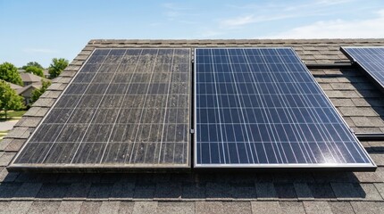 Naklejka premium Dirty and clean solar panels comparison on residential rooftop