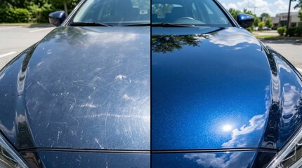 Blue car paint comparison showing scratched versus polished ceramic finish