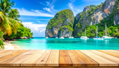 Fototapeta premium Wooden table with tropical beach and clear water background