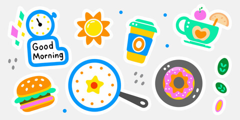 Colorful stickers depicting breakfast items a clock and cheerful greetings © Poly