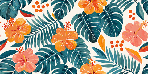 Tropical floral pattern with hibiscus flowers and large green leaves © Poly
