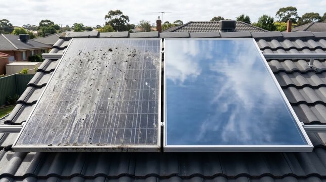 Dirty and clean solar panels comparison on residential rooftop