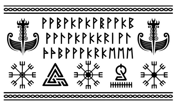 Ancient Viking rune alphabet border pattern with Norse symbols, dragon ships, Vegvisir compass, and Valknut, perfect for medieval, mythology, and Scandinavian cultural designs