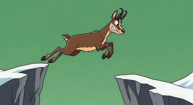 Animated Goat Jumping Over a Chasm in a Creative Cartoon Scene