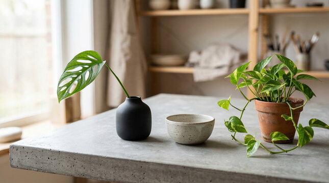 Minimalist Ceramic Vases and Potted Plants on Concrete Table in Bright Artist Studio
